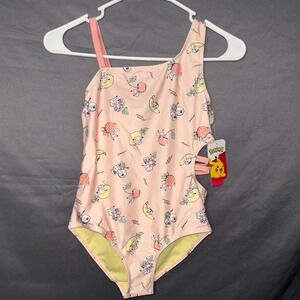 Pokemon Girls Pikachu Fruit Print One Piece Swimsuit Pink UPF 50+ Size 10/12 NEW
